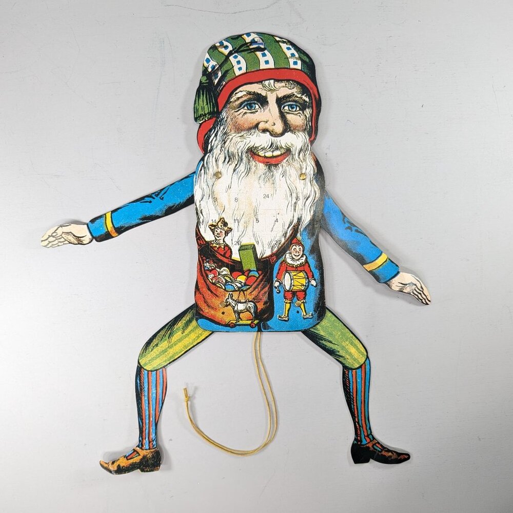 Vintage Danish Jumping Jack Santa Christmas advent calendar, creepy paper doll